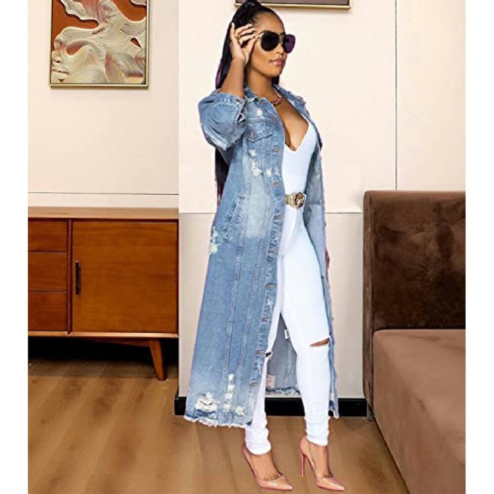 Distressed Denim Jacket Coat Ripped Holes Ankle Length Women's Size - Picture 5 of 7